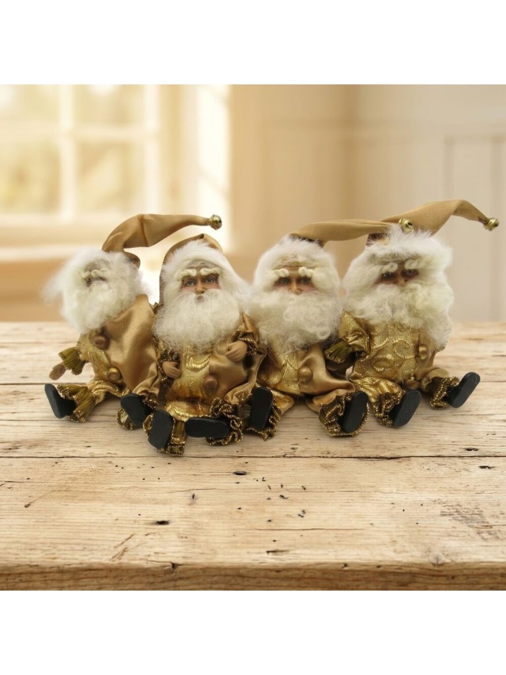Gold Santa Claus Christmas Figurines With Beards and Jingle Bell Hats Set of 4
